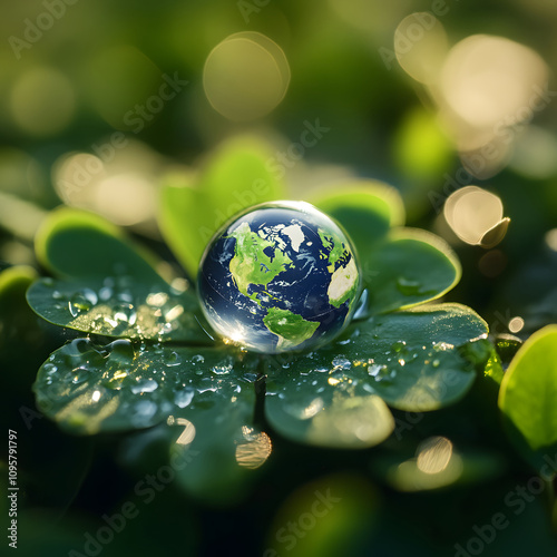 Environmental conservation initiative nature shiny globe on clover leaf lush greenery close-up global awareness