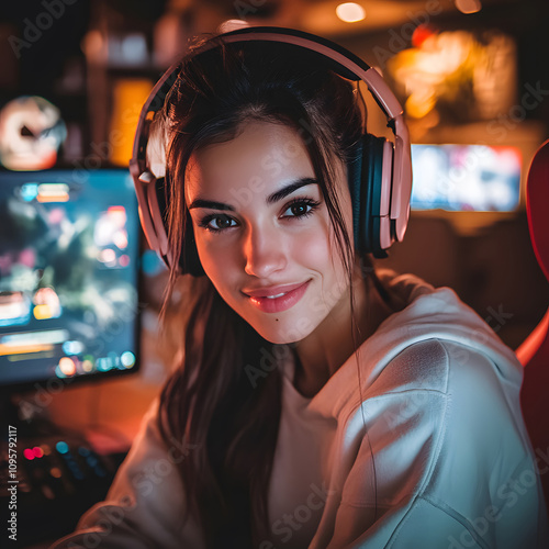Female gamer streaming live gameplay home setup digital content cozy room engaging atmosphere esports and community connection