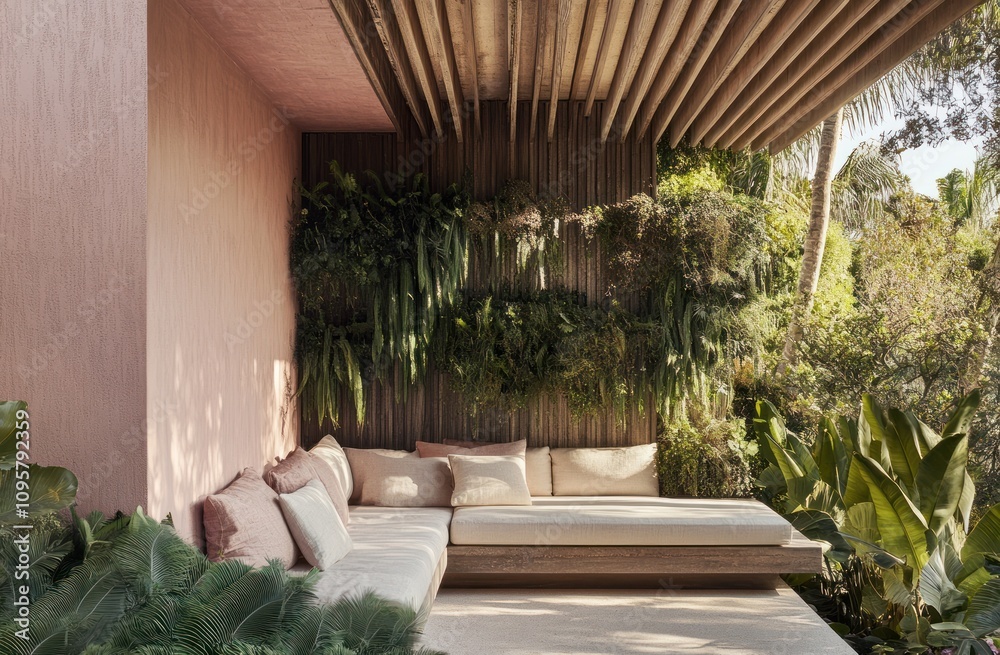 Modern patio with a wooden slatted ceiling, a pink wall, and a white sofa. Modern patio with a wooden slatted ceiling, a pink wall, and a white sofa.