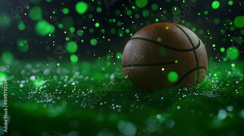 A basketball resting on a vibrant green surface, surrounded by sparkling droplets, capturing the essence of dynamic sports action.