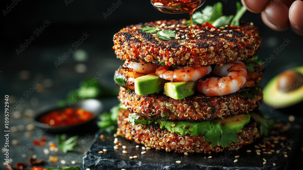 Stacked quinoa patties burger, veggie burger with grilled shrimps and avocado slices, hot chili oil sauce, chili flakes and cirantro topping. vegetarian quinoa burger bun for healthy fastfood concept Stacked quinoa patties burger, veggie burger with grilled shrimps and avocado slices, hot chili oil sauce, chili flakes and cirantro topping. vegetarian quinoa burger bun for healthy fastfood concept