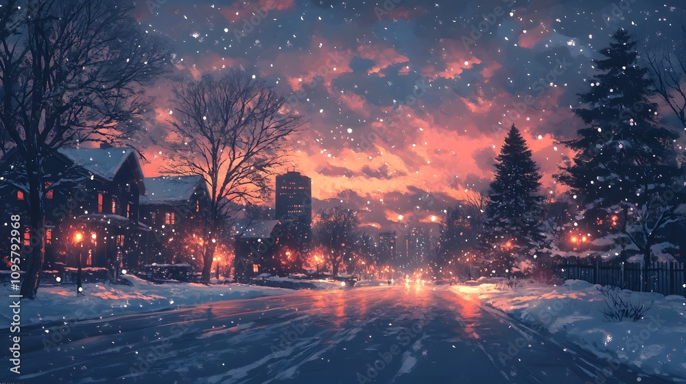 Fototapeta premium A serene winter evening scene with snowfall and glowing street lamps.