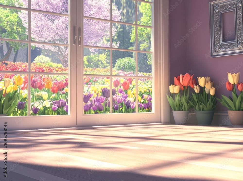 Sunlight streams through a window onto a wooden floor, with a view of a blooming tulip garden outside. Sunlight streams through a window onto a wooden floor, with a view of a blooming tulip garden outside.