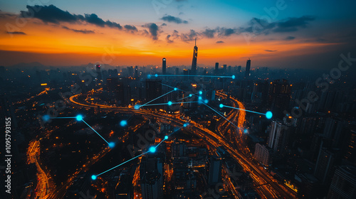 Smart digital city with connection Innovation network reciprocity over the sunset cityscape Concept of future wireless digital city and social media networking systems that connects business people