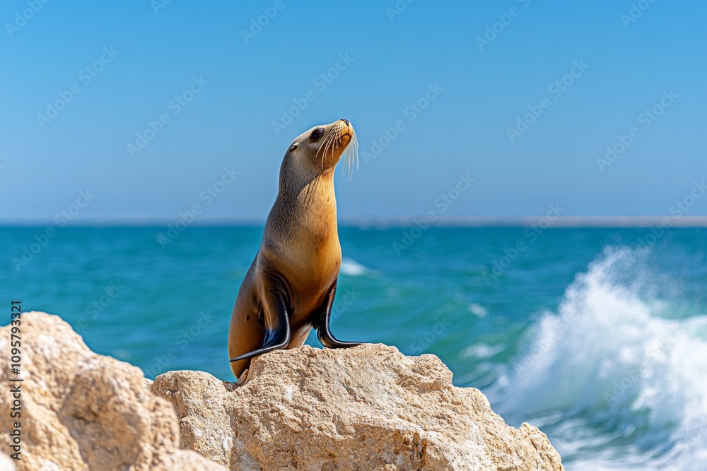Fototapeta premium A sea lion basking on a rocky shore, with waves crashing dramatically in the background