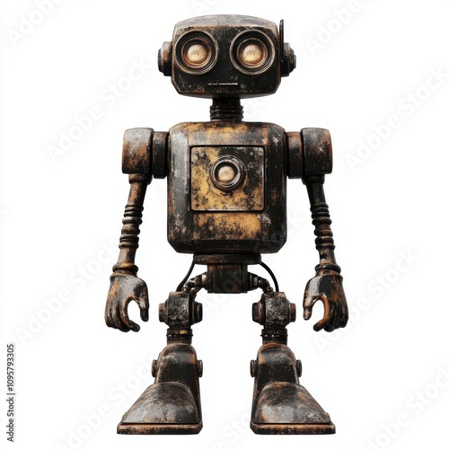 A rusty robot with a square head and large eyes stands on a white background.