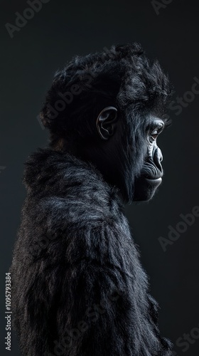 A portrait of a gorilla in profile, facing right, against a dark background.