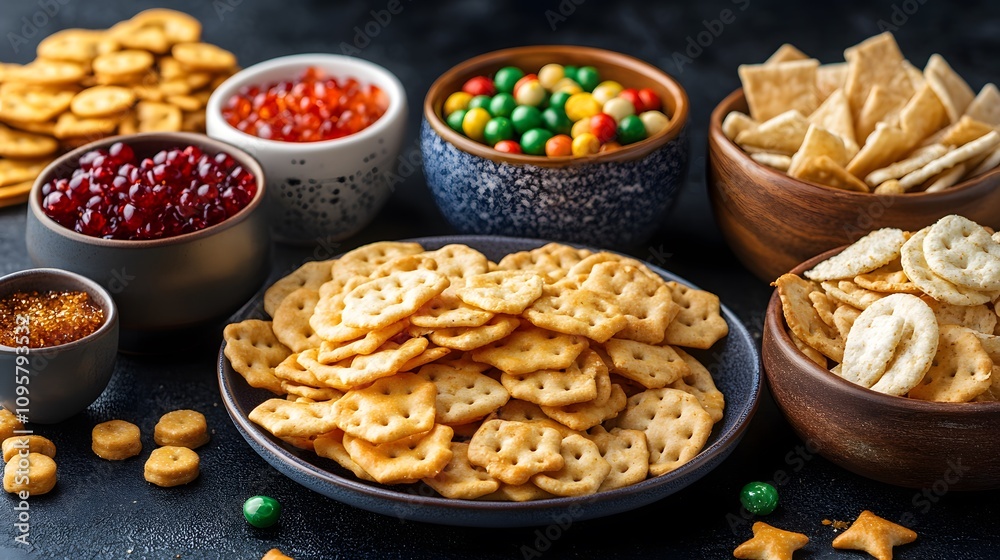 A vibrant spread of assorted snacks, perfect for gatherings or casual snacking. A vibrant spread of assorted snacks, perfect for gatherings or casual snacking.