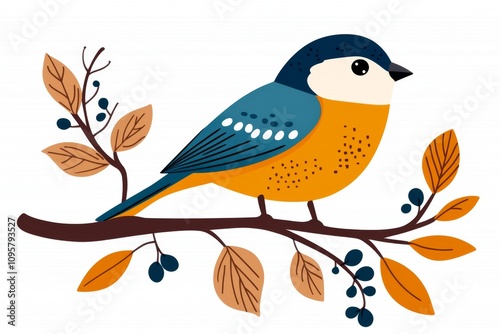 A simple and cheerful illustration of a bird perched on a branch, with soft outlines and bright colors on a white backdrop photo