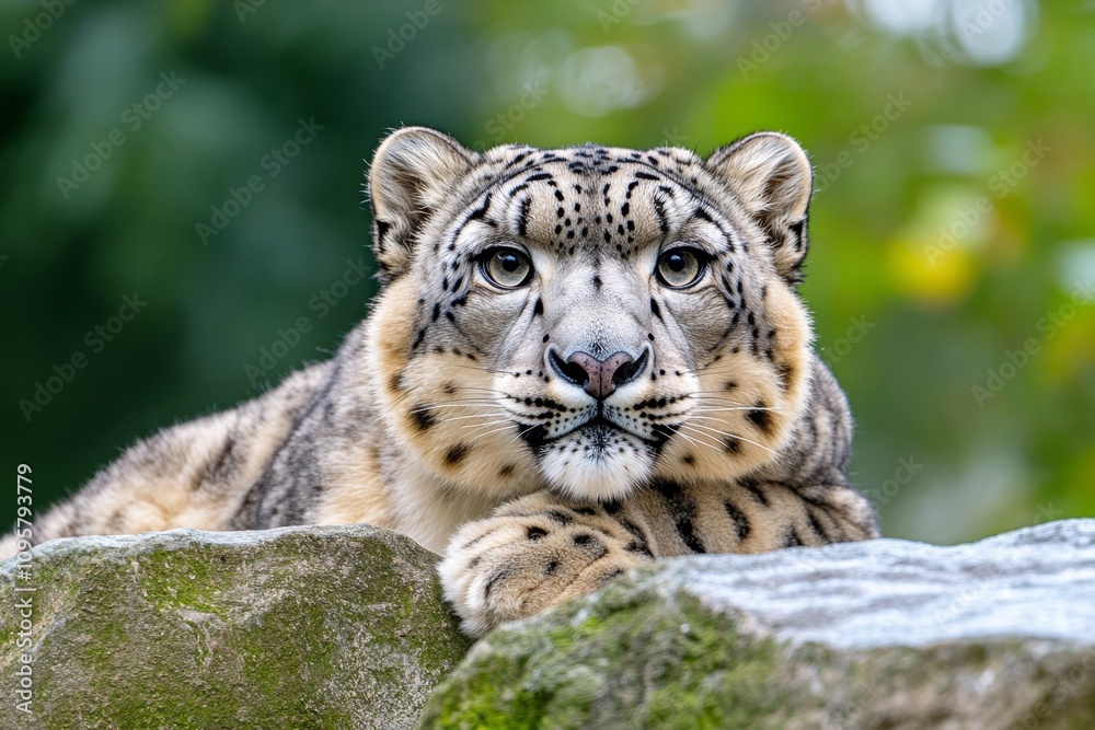 A snow leopard perched on a rocky outcrop, its spotted coat blending seamlessly with the icy surroundings A snow leopard perched on a rocky outcrop, its spotted coat blending seamlessly with the icy surroundings