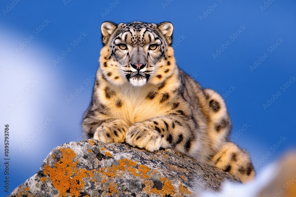 Obraz premium A snow leopard perched on a rocky outcrop, its spotted coat blending seamlessly with the icy surroundings