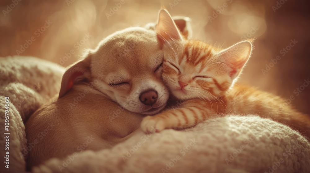 A small chihuahua puppy and a ginger kitten sleep soundly in a blanket together. A small chihuahua puppy and a ginger kitten sleep soundly in a blanket together.