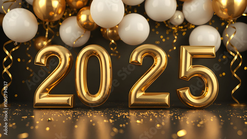 Happy New Year golden 3D numerals 2025 on Sparkles Lights Effect Background