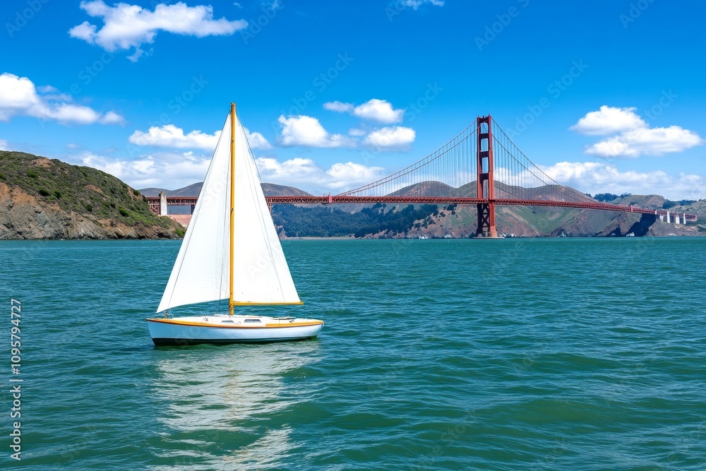 Fototapeta premium Americaâ€™s Golden Gate Bridge surrounded by morning mist, with its orange towers standing out vividly