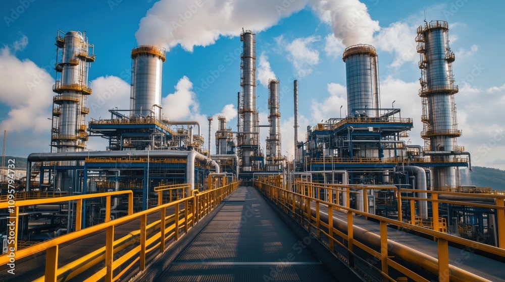 A vibrant industrial scene featuring tall smokestacks and machinery, emitting steam against a blue sky, showcasing a refinery or manufacturing facility. A vibrant industrial scene featuring tall smokestacks and machinery, emitting steam against a blue sky, showcasing a refinery or manufacturing facility.