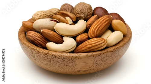 A close-up of a wooden bowl filled with a variety of nuts including almonds, cashews, and walnuts, showcasing their textures and colors. photo