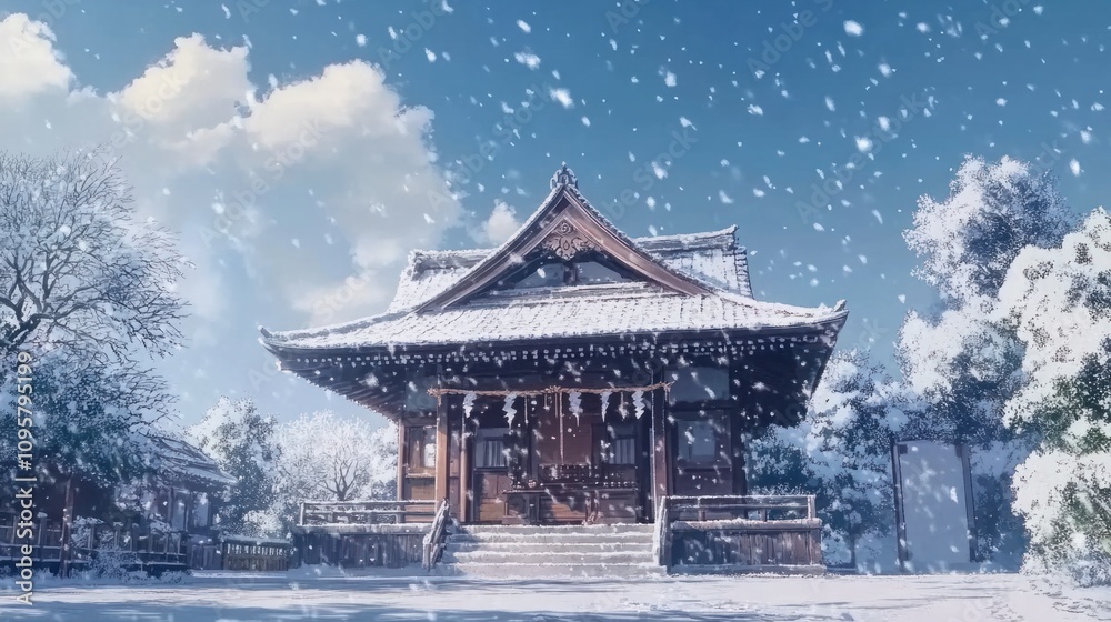 Quiet anime shrine surrounded by falling snow under a serene winter sky Quiet anime shrine surrounded by falling snow under a serene winter sky