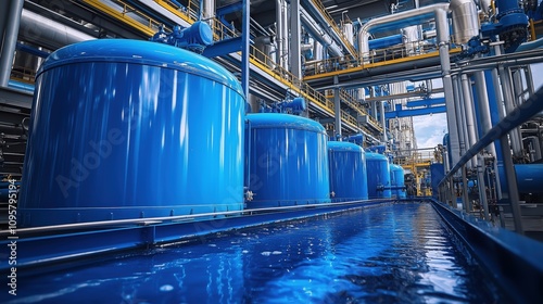 A modern industrial facility featuring large blue tanks, interconnected pipes, and a reflective water surface.