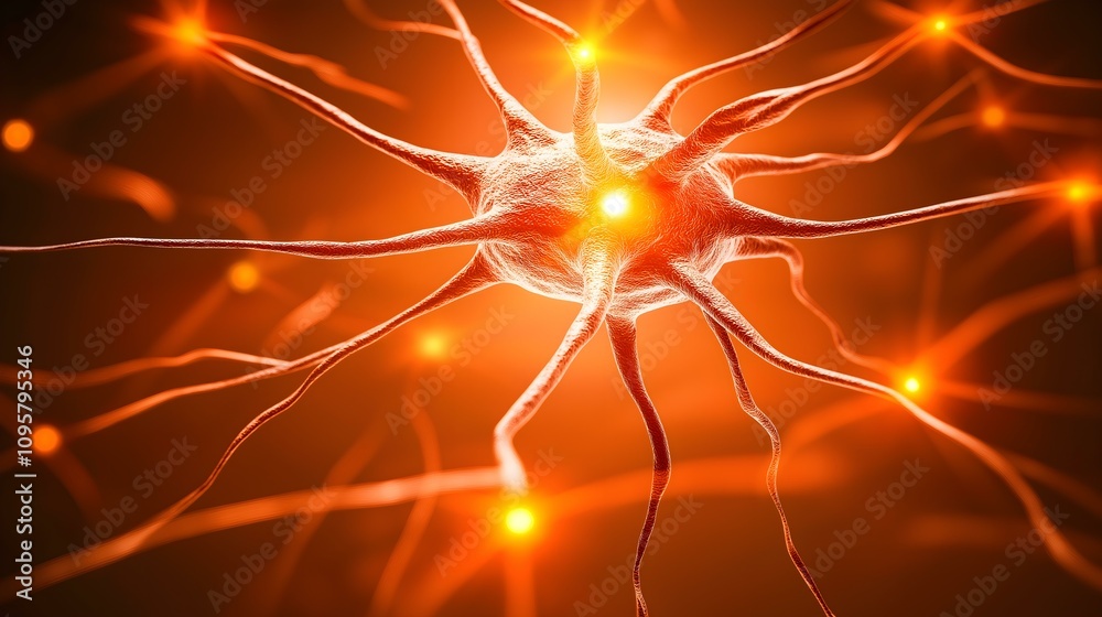 A close-up view of a neuron illuminated with glowing orange lights, showcasing its intricate structure and connections. A close-up view of a neuron illuminated with glowing orange lights, showcasing its intricate structure and connections.