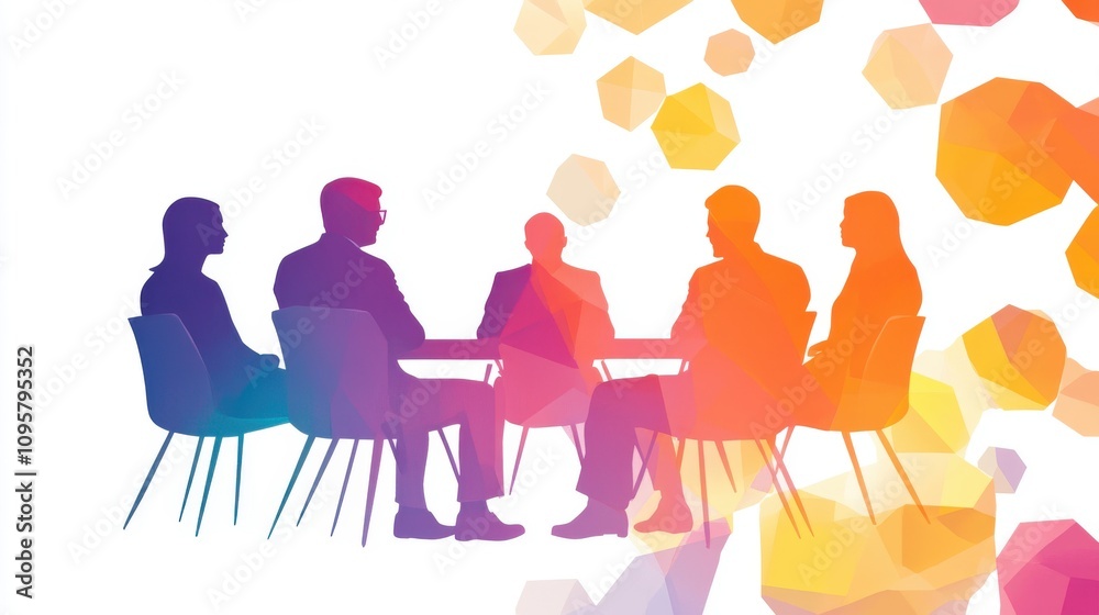 Silhouettes of five people sitting at a table in a meeting. Silhouettes of five people sitting at a table in a meeting.