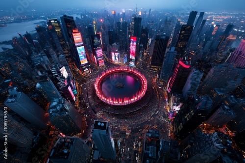 Americaâ€™s Times Square digitally illustrated in 3D, with glowing billboards and lifelike details of a bustling crowd photo