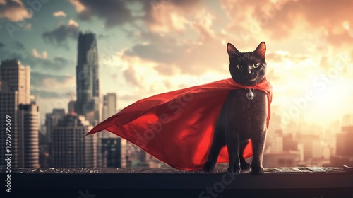 A black cat dressed in a flowing red cape stands confidently on a rooftop with a dramatic cityscape backdrop featuring skyscrapers silhouetted against a vibrant moody sky