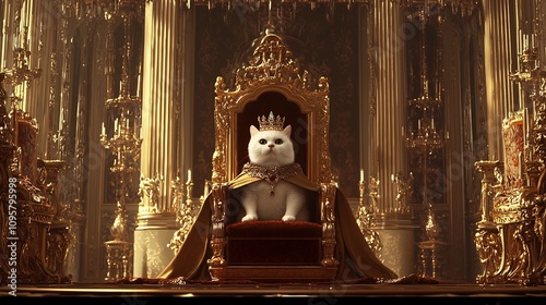 A cat wearing a royal cape and crown seated on a golden throne in a majestic ornate palace themed backdrop showcasing an imaginative and fantastical digital photo