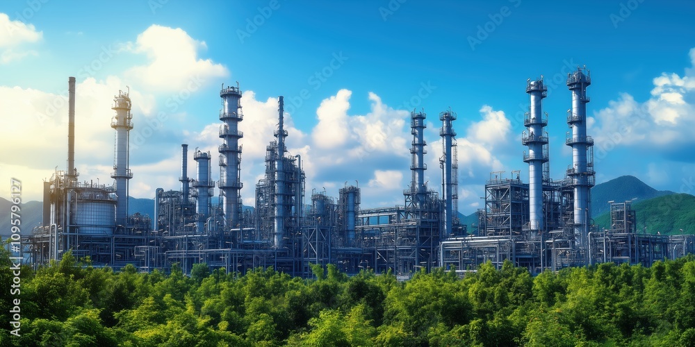 A sprawling industrial complex surrounded by lush greenery under a bright blue sky.