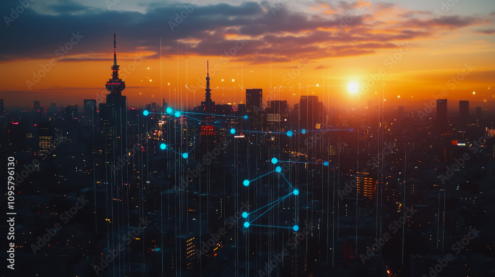 Naklejka premium Smart digital city with connection Innovation network reciprocity over the sunset cityscape Concept of future wireless digital city and social media networking systems that connects business people