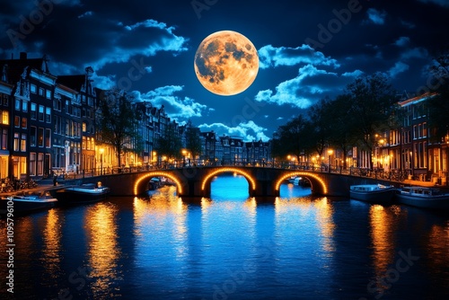 Amsterdamâ€™s bridges and row houses lit by a full moon, with dramatic gothic lighting and mysterious shadows photo