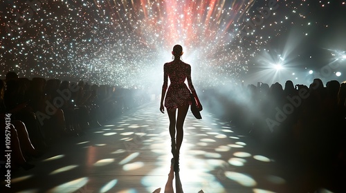 Fashion Show Runway Model Silhouette: Dramatic Lights and Starry Sky Backdrop. AI Generated