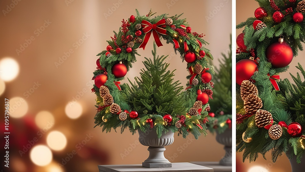 Festive Wreath Decorated with Red Berries and Evergreen Leaves for Christmas Festive Wreath Decorated with Red Berries and Evergreen Leaves for Christmas