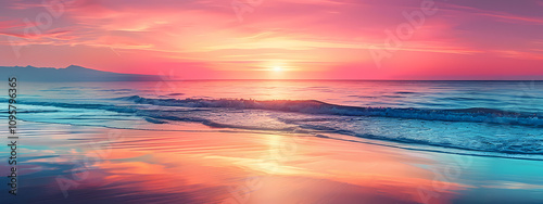 A stunning sunset over a tranquil sea, with vibrant pink and orange hues reflecting on the water's surface.