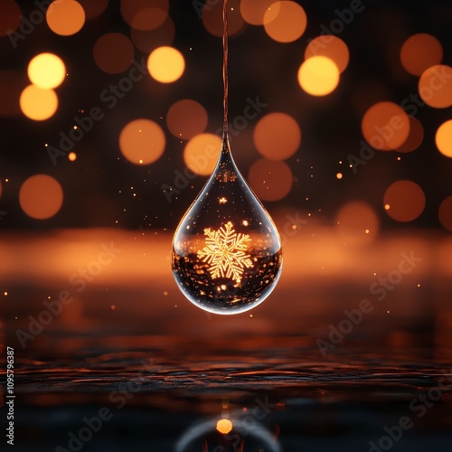 A single water droplet with a snowflake inside, hanging against a bokeh background.