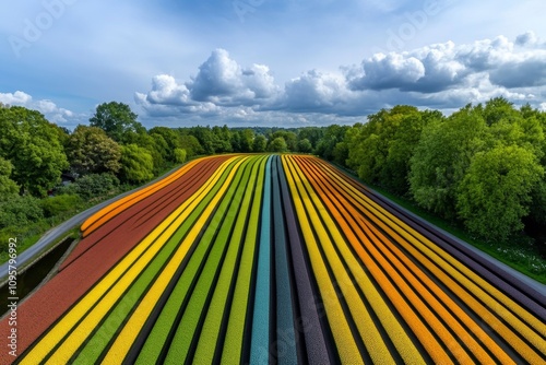 Amsterdamâ€™s tulip fields represented with simple, repetitive shapes in vibrant primary colors photo