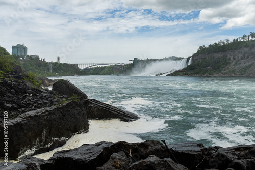 View of the Rainbow Bridge crossing over Niagara river between Canada and USA