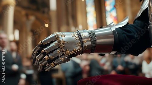 A detailed view of an ornate knight's gauntlet during a ceremonial event, highlighting craftsmanship and historical significance. photo