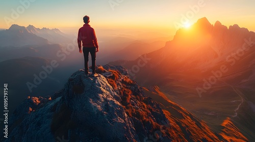 Silhouette of a man enjoying a breathtaking mountain sunset.