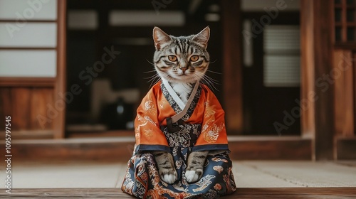 Adorable cat wearing a traditional Korean hanbok garment sitting in a vintage Japanese style house interior  The feline model poses elegantly
