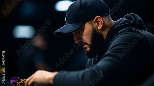A focused individual playing poker at a table, showcasing strategy and concentration in a dynamic gaming environment.