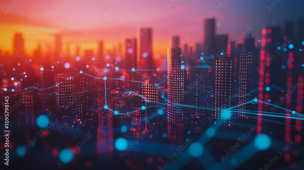 Obraz premium Smart digital city with connection Innovation network reciprocity over the sunset cityscape Concept of future wireless digital city and social media networking systems that connects business people