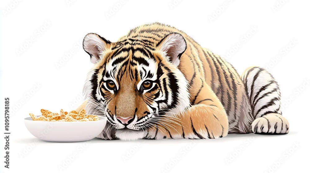 Obraz premium Adorable tiger cub enjoying a tasty breakfast of cereal in a modern minimalist digital with a clean white background
