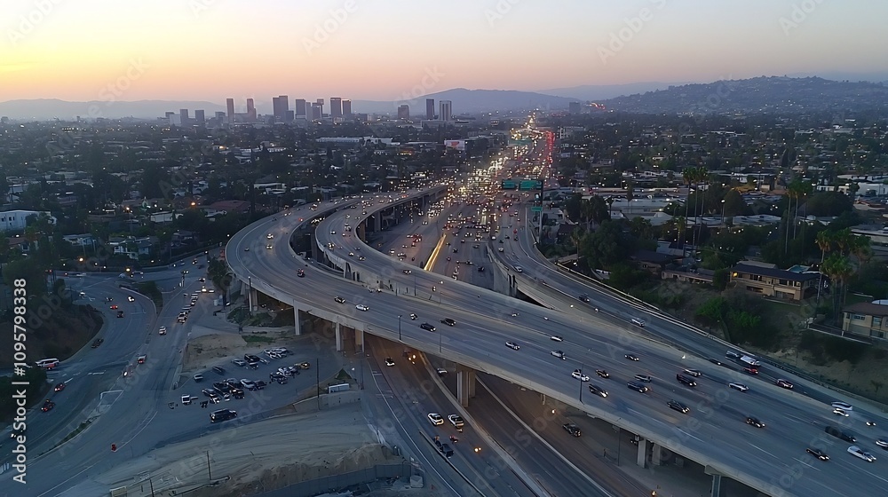 Aerial drone perspective showcasing a busy highway intersection in the heart of a thriving metropolitan city with skyscrapers and infrastructure visible against a vibrant sunset backdrop Aerial drone perspective showcasing a busy highway intersection in the heart of a thriving metropolitan city with skyscrapers and infrastructure visible against a vibrant sunset backdrop