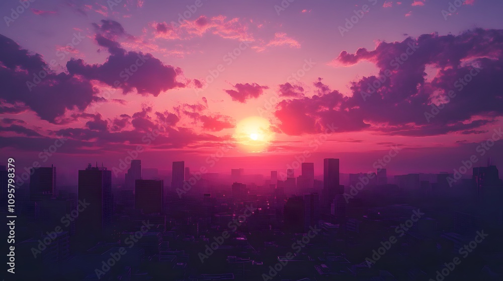 Breathtaking sunset over a city skyline, enveloped in vibrant pink and purple hues. Breathtaking sunset over a city skyline, enveloped in vibrant pink and purple hues.