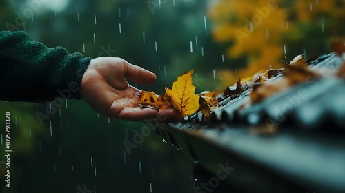 A hand retrieves vibrant autumn leaves from a rainy rooftop, showcasing the beauty of nature and seasonal change. photo