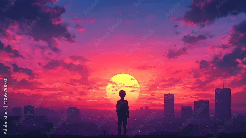 Silhouette of a young boy watching a vibrant sunset over a city skyline. Silhouette of a young boy watching a vibrant sunset over a city skyline.