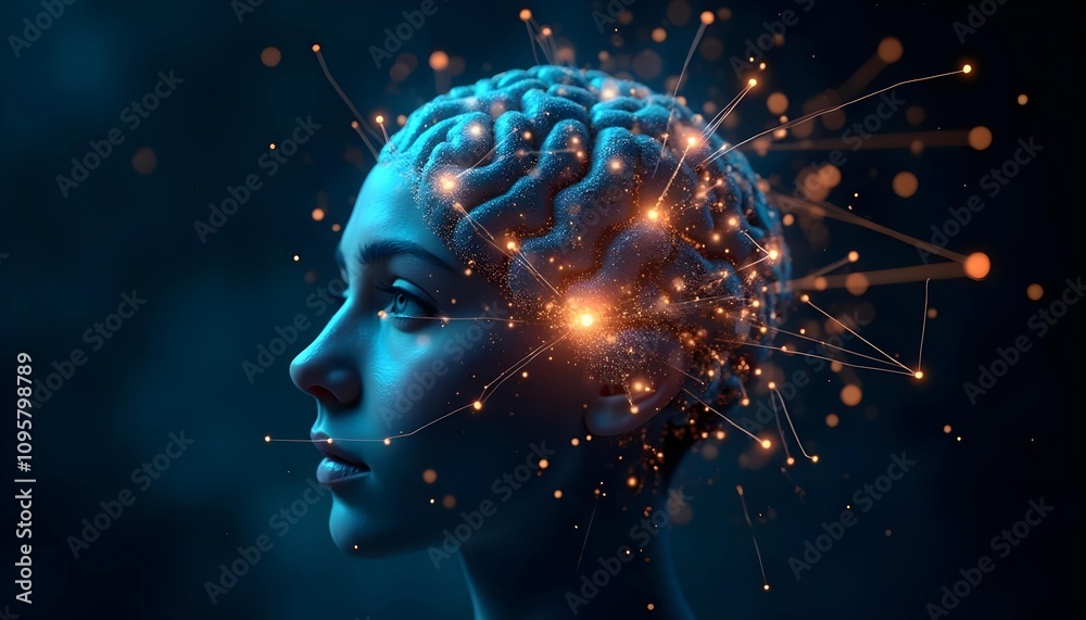 The connection and activity of the human brain, the luminous neural network of bright nodes and interconnected lines in a dark background The connection and activity of the human brain, the luminous neural network of bright nodes and interconnected lines in a dark background