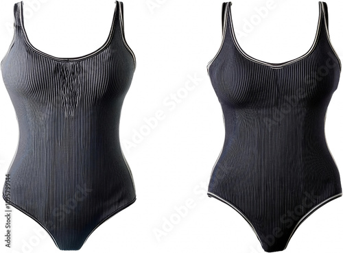 Elegant Ribbed Swimsuit Front Back Views Dark Grey Fashion Apparel photo