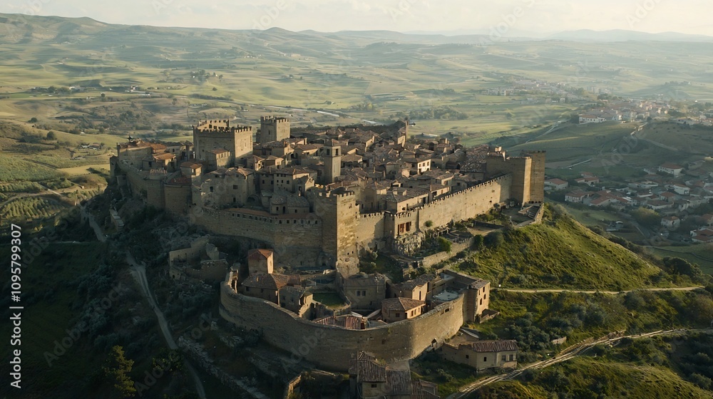 Naklejka premium Aerial view of a grand well preserved medieval castle perched atop a hill surrounded by lush rolling green hills and valleys