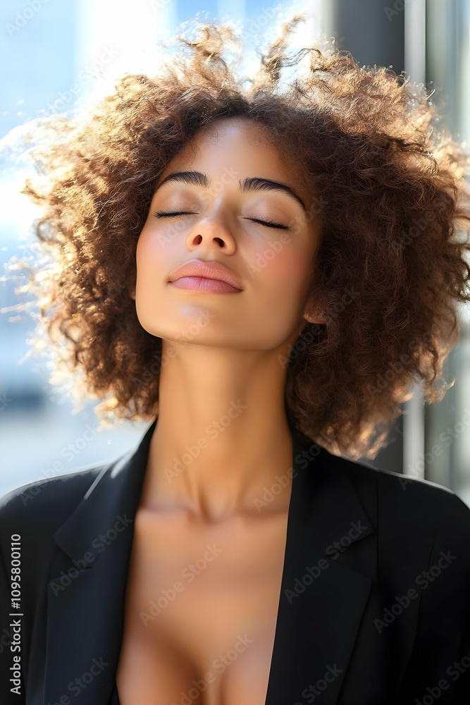Serene Woman Portrait Photo, Curly Hair Serene Woman Portrait Photo, Curly Hair